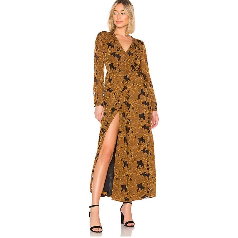 House of Harlow 1960 x REVOLVE Margareta Gold Black Paisley Wrap Maxi Dress M